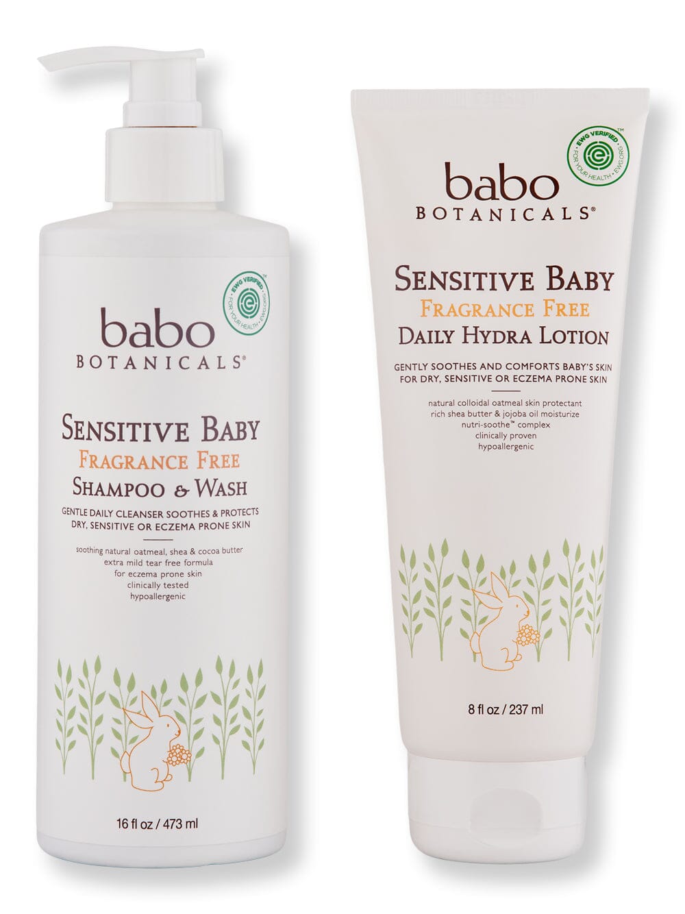 Babo Botanicals Babo Botanicals Sensitive Baby Daily Hydra Lotion 8 oz & Sensitive Baby Shampoo & Wash Fragrance Free 16 oz Baby Skin Care 