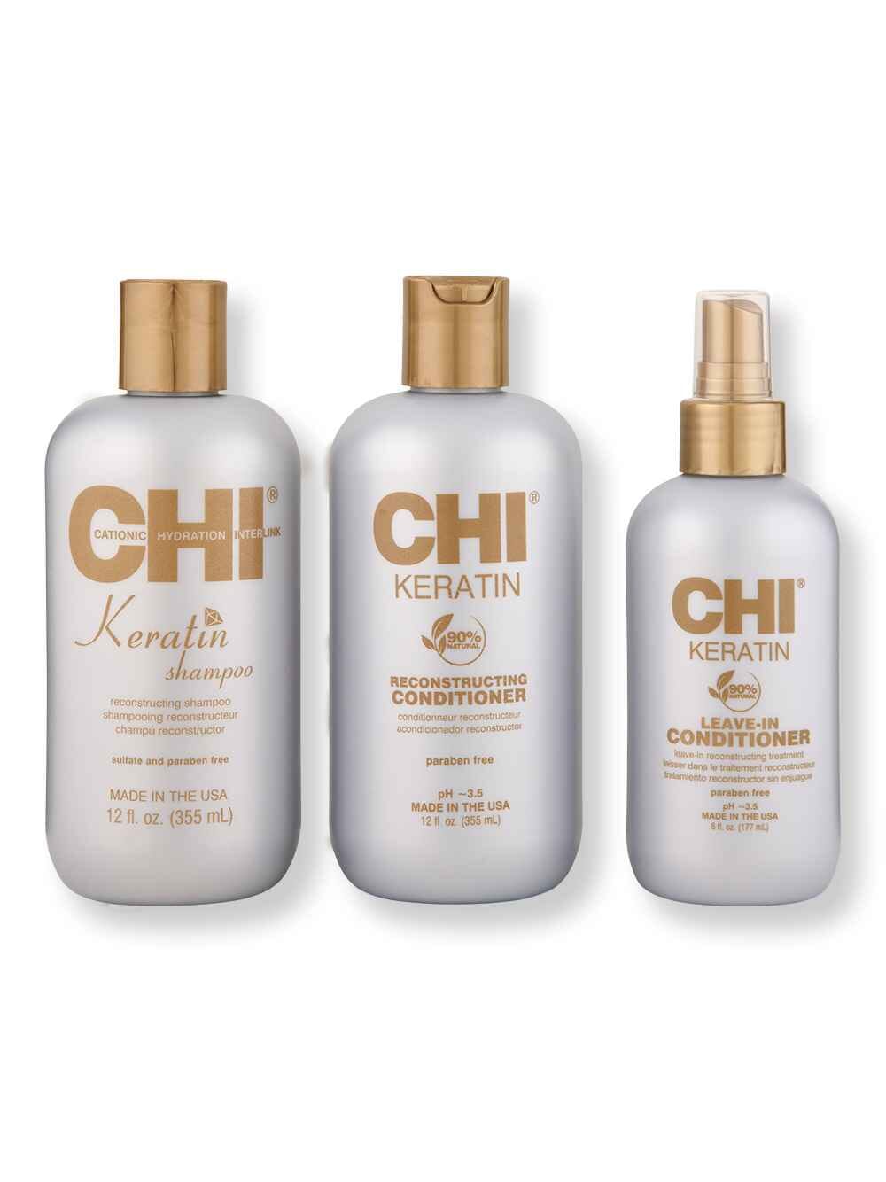 CHI CHI Keratin Shampoo & Conditioner 12 oz, & Leave In Conditioner 6 oz Hair Care Value Sets 