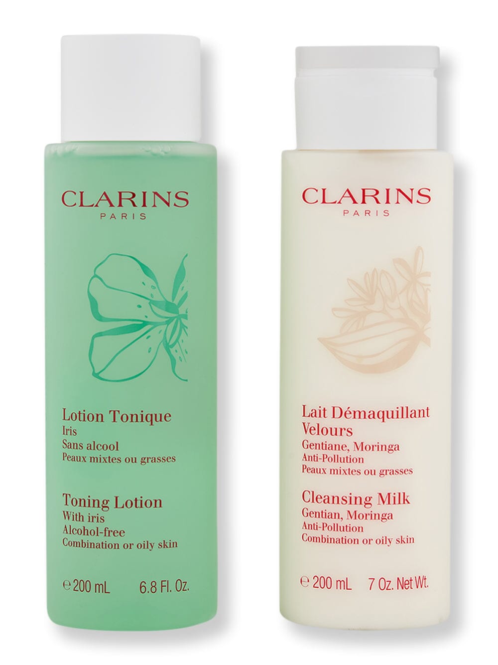 Clarins Clarins Toning Lotion with Iris 6.8 oz & Cleansing Milk with Gentian Combination or Oily Skin 7 oz Face Cleansers 