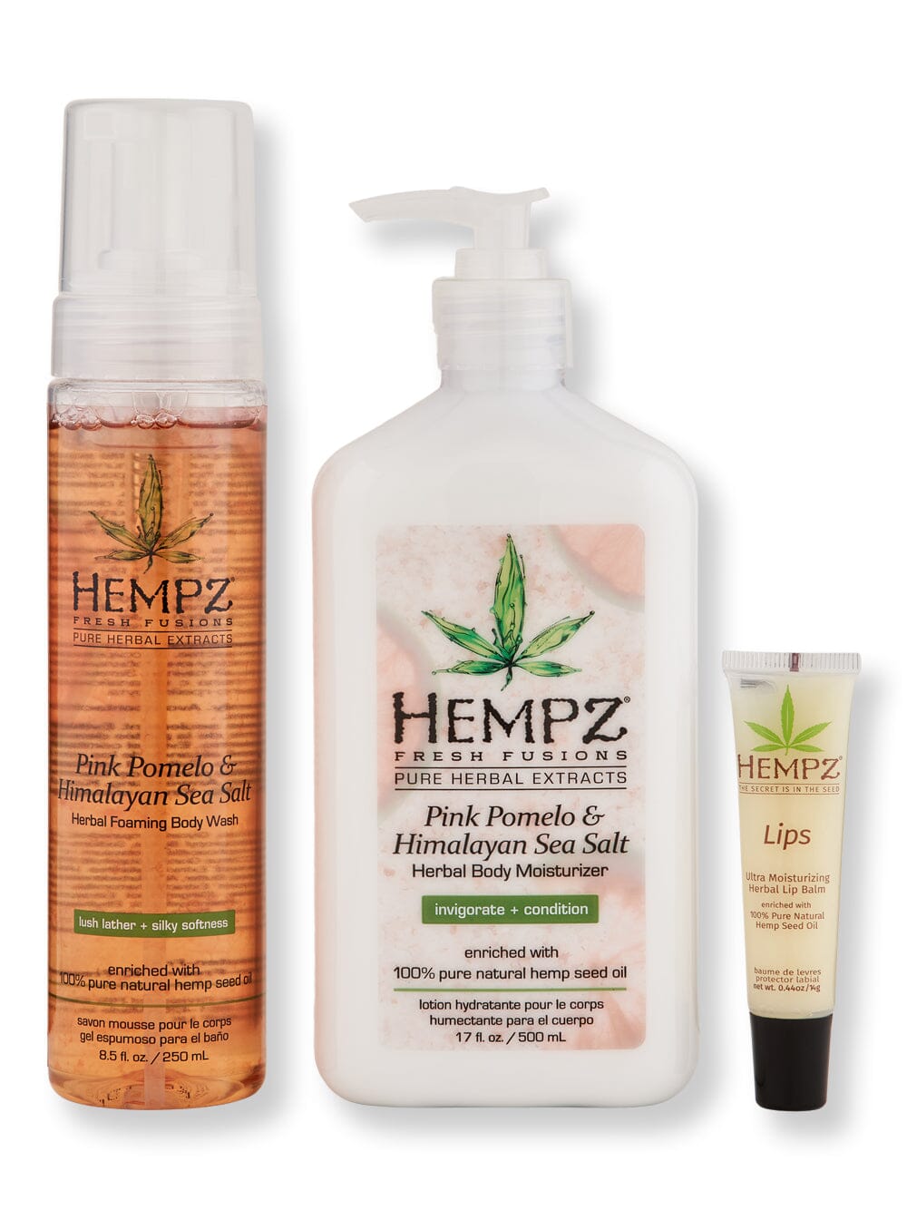 Hempz Hempz Pink Pomelo & Himalayan Sea Salt Herbal Body Moisturizer 17oz, Pink Pomelo & Himalayan Sea Salt Herbal Foaming Body Wash 8.5 oz, & Lips Ultra-Moisturizing Herbal Lip Balm Bath & Body Sets 