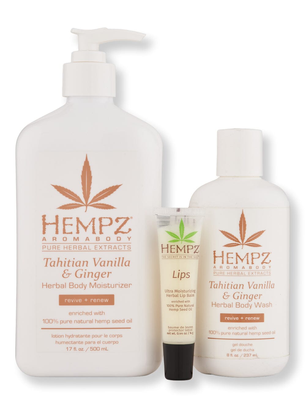 Hempz Hempz Tahitian Vanilla & Ginger Aromabody Herbal Body Moisturizer 17 oz, Body Wash 8 oz, & Lips Ultra-Moisturizing Herbal Lip Balm .44oz Bath & Body Sets 