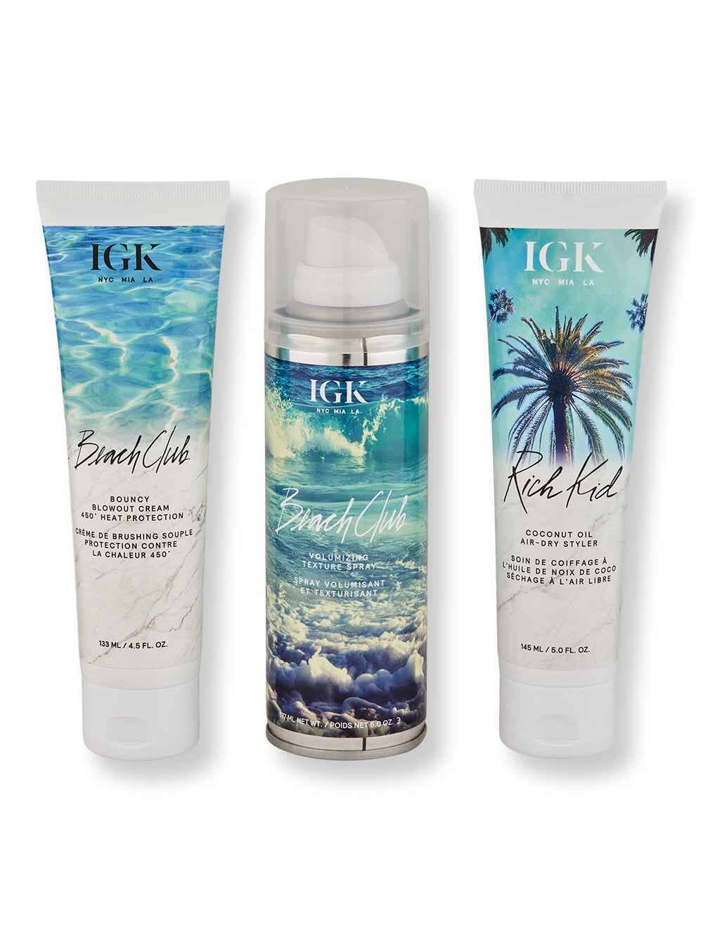 iGK iGK Beach Club Bouncy Blowout Cream 4.5 oz, Rich Kid Coconut Oil Air Dry Styler 5 oz, & Beach Club Volumizing Texture Spray 5 oz Hair Care Value Sets 