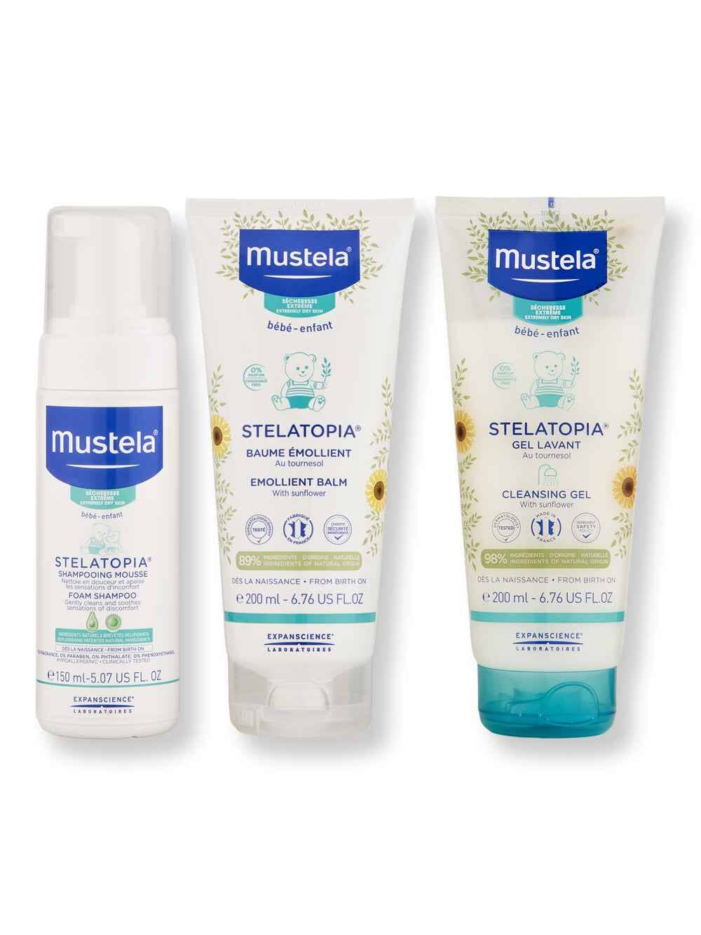 Mustela Mustela Stelatopia Emollient Balm 6.7 oz, Cleansing Gel 6.7 oz, & Foam Shampoo 5 oz Bath & Body Sets 